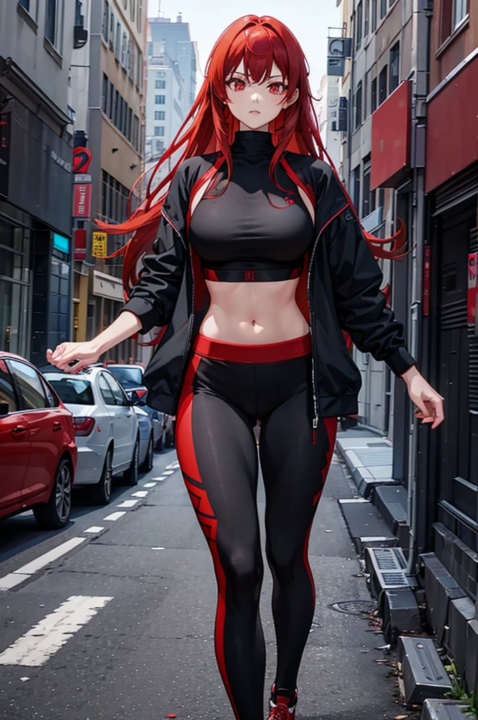 1woman, red hair, red eyes, tall, black yoga pants, black sports bra, standing on ground, high res, ultra sharp, 8K, masterpiece