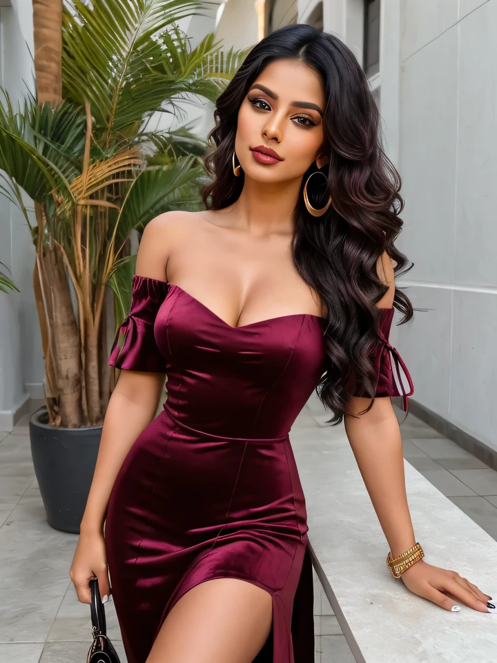 Create an ultra-realistic image of a modern, attractive female influencer of Indian descent, aged between 27 to 30. She should have a warm and inviting smile, expressive almond-shaped eyes with a slight shimmer, and clear, glowing skin with a medium brown complexion. Her features should be well-defined, with high cheekbones and a sharp jawline. Her hair should be long, thick, and styled in soft waves pinned to one side, with a deep, reddish-purple hue that’s bold yet sophisticated. She should have a slender yet athletic build, reflecting a healthy and active lifestyle. She is wearing a stunning crimson velvet off-the-shoulder dress with heavy embroidery and a fitted silhouette that highlights her toned figure, with a particular focus on her gigantic breasts (plump: 1.1) and increased bust size. Her outfit is completed with stylish black heeled sandals that add elegance to her look. She accessorizes with subtle yet chic jewelry, such as small hoop earrings and a few thin bangles. The background should be a grand opera house with ornate architecture and plush seating, suggesting a cosmopolitan lifestyle. Her overall appearance should exude confidence, approachability, and sophistication, capturing the essence of a contemporary Indian fashion influencer with a strong emphasis on her increased bust and butt size.
