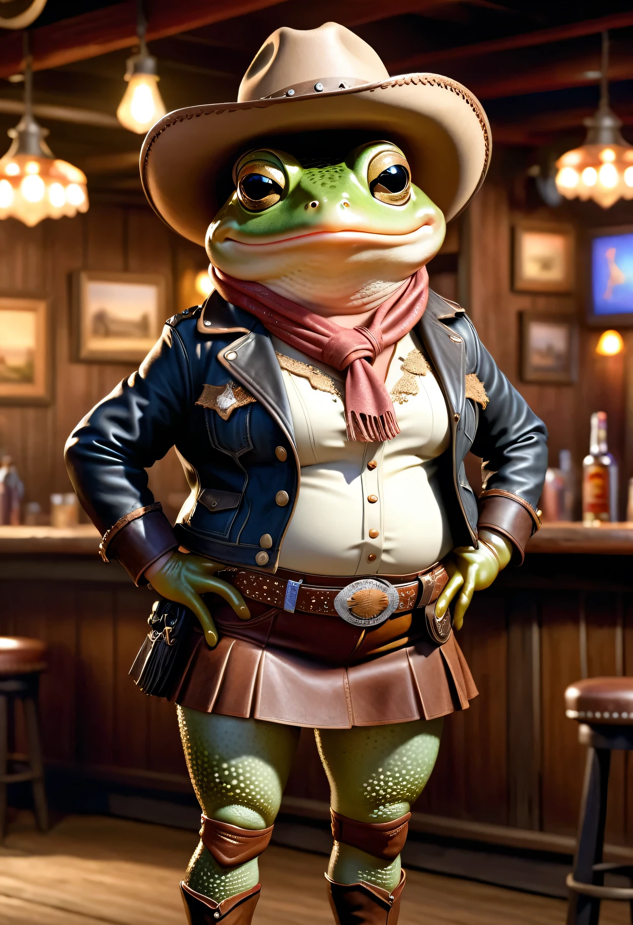 photorealistic portrait of ((Dressed animals)) - a ((fat)) ((frog)) cowgirl, (furry),(full body image:2.0),(elegant pose:1.5) Wearing cowboy clothes and hat,(wearing leather short skirt and jacket),(hands on hips:1.5),(happy),(smile:1.5), Old-fashioned cowboy hat, in western movie bar background, , western style bar  background,(looking at viewer:1.5),score_9, score_8_up, score_7_up, score_6_up, score_5_up, score_4_up,