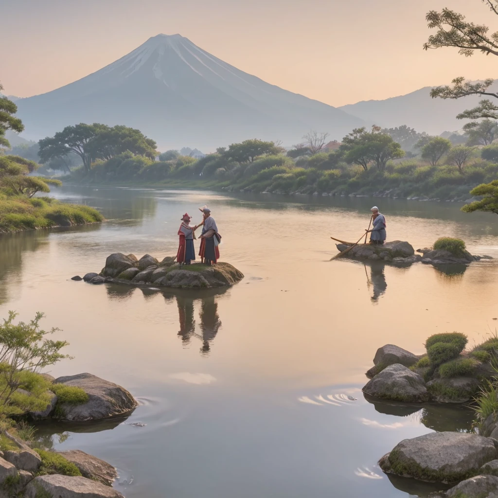 A serene Japanese river landscape with Mount Hii in the background. In the foreground, the divine figure Susanoo, depicted as a noble warrior in ancient Japanese attire, stands near the riverbank. Wooden chopsticks are visible floating on the river's surface. Further upstream, an elderly couple in traditional Japanese clothing of the mythical era is seen. The old man, 'Foot Stroking Elder,' is gently stroking his foot, while the old woman, 'Hand Stroking Elder,' is delicately caressing her hand. The scene is bathed in a soft, ethereal light, suggesting the meeting of the divine and mortal realms. Style: A blend of traditional Japanese art and fantasy illustration