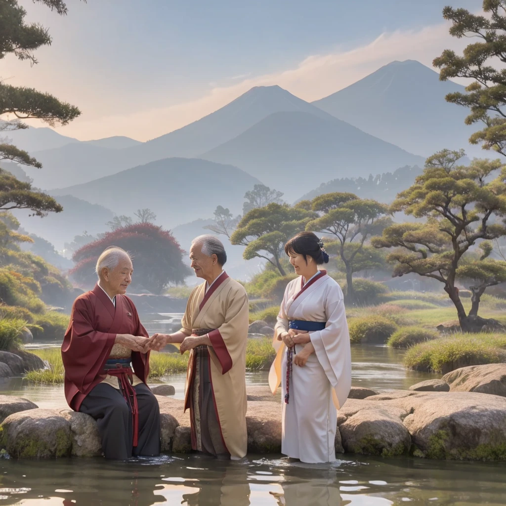 A serene Japanese river landscape with Mount Hii in the background. In the foreground, the divine figure Susanoo, depicted as a noble warrior in ancient Japanese attire, stands near the riverbank. Wooden chopsticks are visible floating on the river's surface. Further upstream, an elderly couple in traditional Japanese clothing of the mythical era is seen. The old man, 'Foot Stroking Elder,' is gently stroking his foot, while the old woman, 'Hand Stroking Elder,' is delicately caressing her hand. The scene is bathed in a soft, ethereal light, suggesting the meeting of the divine and mortal realms. Style: A blend of traditional Japanese art and fantasy illustration