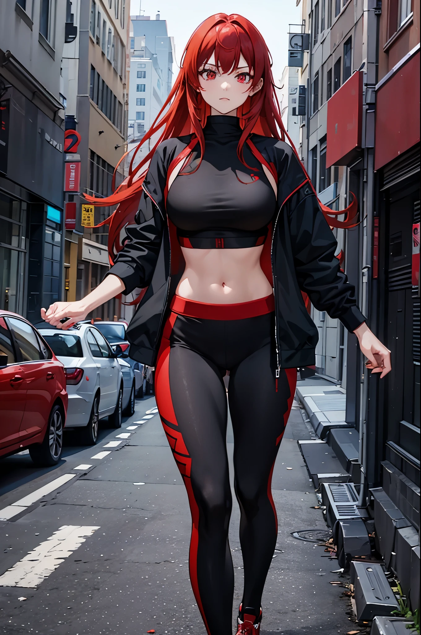 1woman, red hair, red eyes, tall, black yoga pants, black sports bra, standing on ground, high res, ultra sharp, 8K, masterpiece