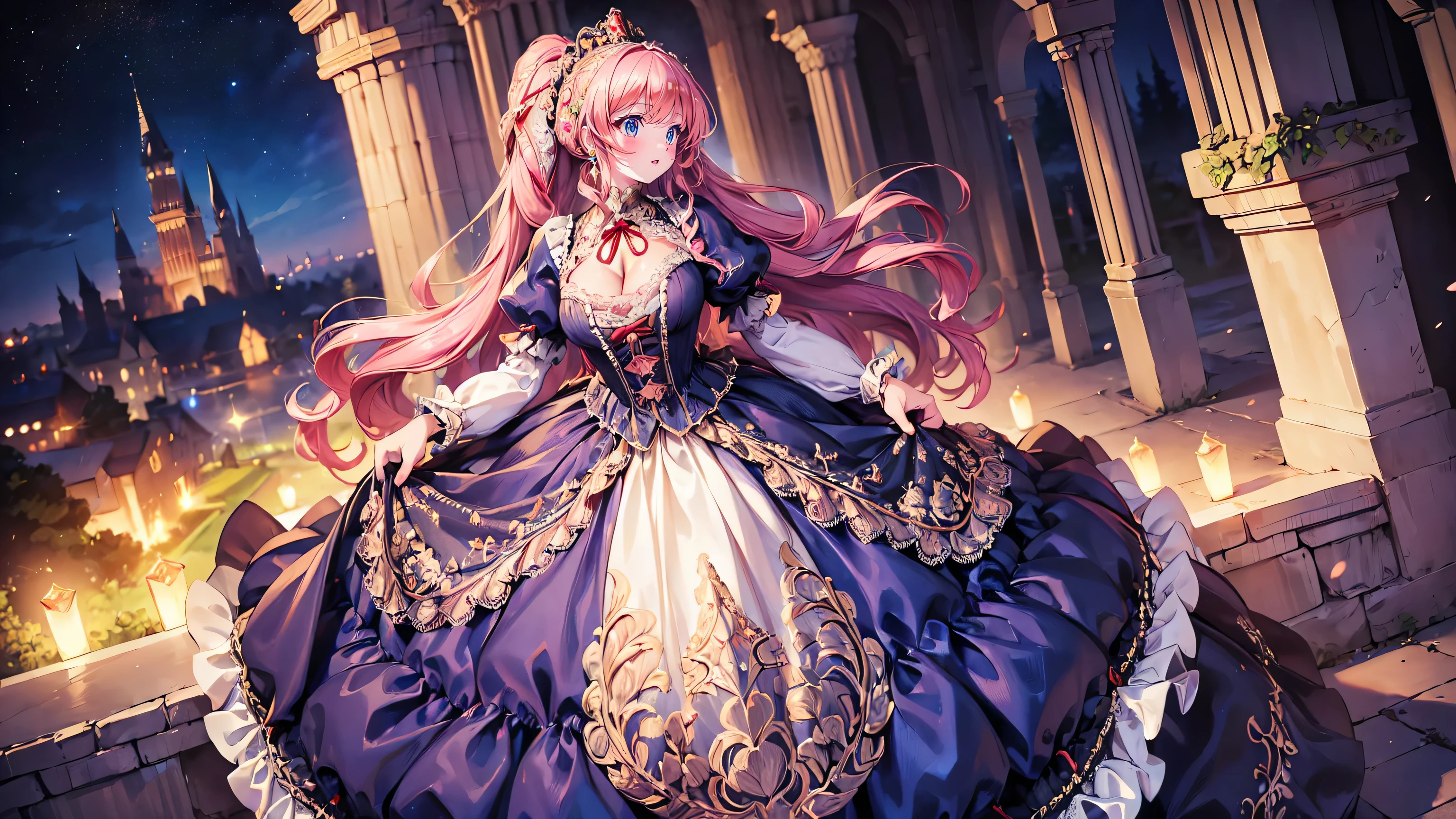 ((Superbly detailed drawing, ultra detailed, exquisite quality, absolutely resolution)), (((young face solo princess))), (((Unsurpassed gorgeous rococo victorian gown with voluminous huge hoopskirt and long hems, princess style skirt:1.5))), ((transparency gown, fluffy and full of pleats skirt:1.3)), (Super detailed and intricate exquisite design gown:1.5), ((overwhelming amount many ruffles with ribbons with intricate lace with Super detailed and intricate embroidery gown:1.9)), ((huge breasts, breasts cleavage)), (ponytail, fluffy long Expressive, hair pink hair), super voluminous long hair, hair ornament tiara, happy smile, (((curtsey:2))), (blurry background, depth of field:1.5), super detailed skin, super delicate and beautiful face, (eyes blue eyes), (backlighting, particle effect, caustics), (((sharp focus))), ((fog city, fantasy castle,  night sky)), (fisheye lens:0.9), (magnificent panorama view, dynamic angle:1.3), ((full body)), 