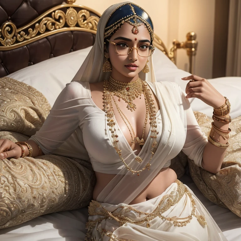 a beautiful detailed 18 year old hijabi girl, voluptuous breasts, glasses, white indian sarees, golden bangles bracelets necklaces, swiss golden watch, lying on bed, photorealistic, hyper detailed, dramatic lighting, vibrant colors, cinematic composition, intricate details
