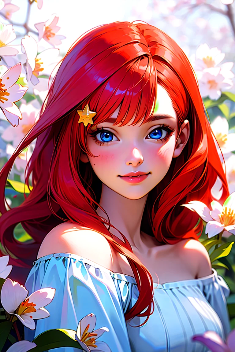 Best quality, masterpiece, ultra high res, (photorealistic:1.4), raw photo, 1girl, white dress, off shoulder, blossom flower field, glowing skin, light smile, itsuki nakano, red hair, shoulder length orange hair, blue eyes, star hairclips