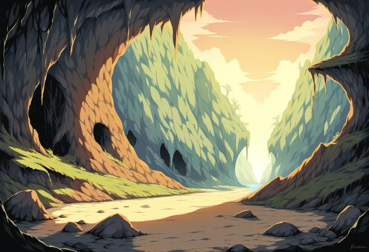 the entrance of an old cavern, score_9, score_8_up, score_7_up, score_6_up, very aesthetic, BREAK outdoors, sand, stones, no humans,nature,scenery,forest,rock,fantasy, cavern,cave,moss,adventure,deep colors,vivid ditails,moody,sunset sky,