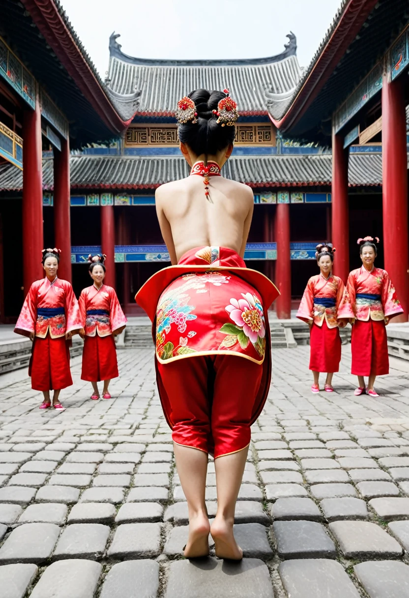 Front view from below of buttocks, on cobblestones outside Qing palace, Empress Qing Dynasty, dressed in red Manchu clothes with garish floral pattern and hair tied and pulled up, nude model on all fours showing buttocks, hair tied and pulled up.
Nude model on all fours with large ass showing, hair tied up and pulled up, adorned with large gaudy flowers and hairpin,