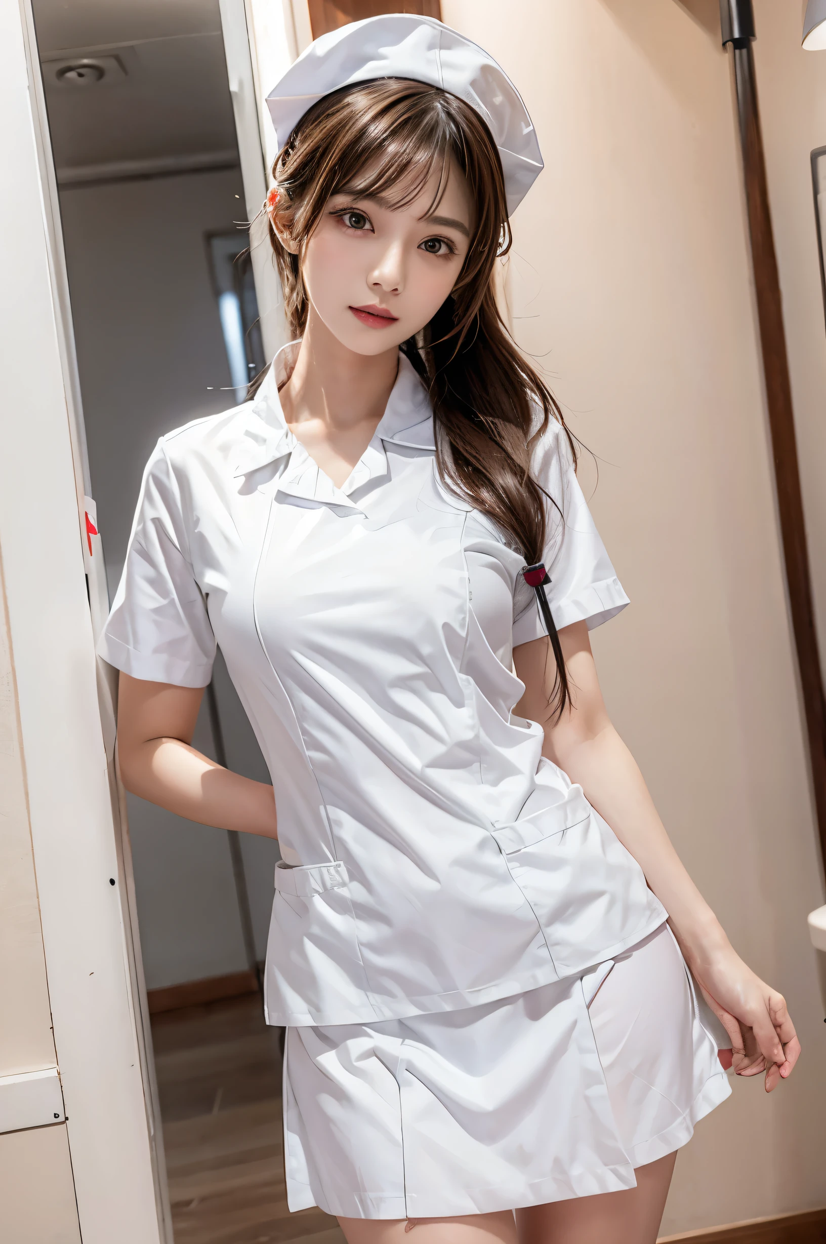 (Ultra HD), (White nurse uniform:1.6, Nurse cap:1.2), Big Breasts, slender, whole body, Standing posture, (Clean and shiny skin, Whitening, No makeup), (Super slim face, Super beautiful face), (Light Brown Ponytail, Layered Cut, Fluffy hair), (double eyelid, Slanted Eyes), Small Nose, Thin lips, Thin legs, hospital