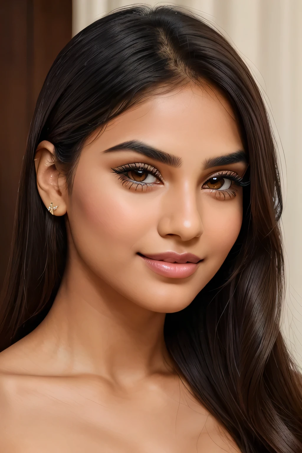 Create a digital artwork of a fair Indian girl with an oval face, large almond-shaped brown eyes, long thick eyelashes, and well-defined slightly arched eyebrows. She has a straight, symmetrical nose, full rosy lips, high cheekbones with a slight blush, a well-proportioned pointed chin, and a softly defined jawline. Her hair is dark brown, smooth, silky, and flows naturally past her shoulders. She has a bright, captivating smile with straight white teeth, subtle natural eyeshadow, thin precise eyeliner, and a light blush for a healthy glow.