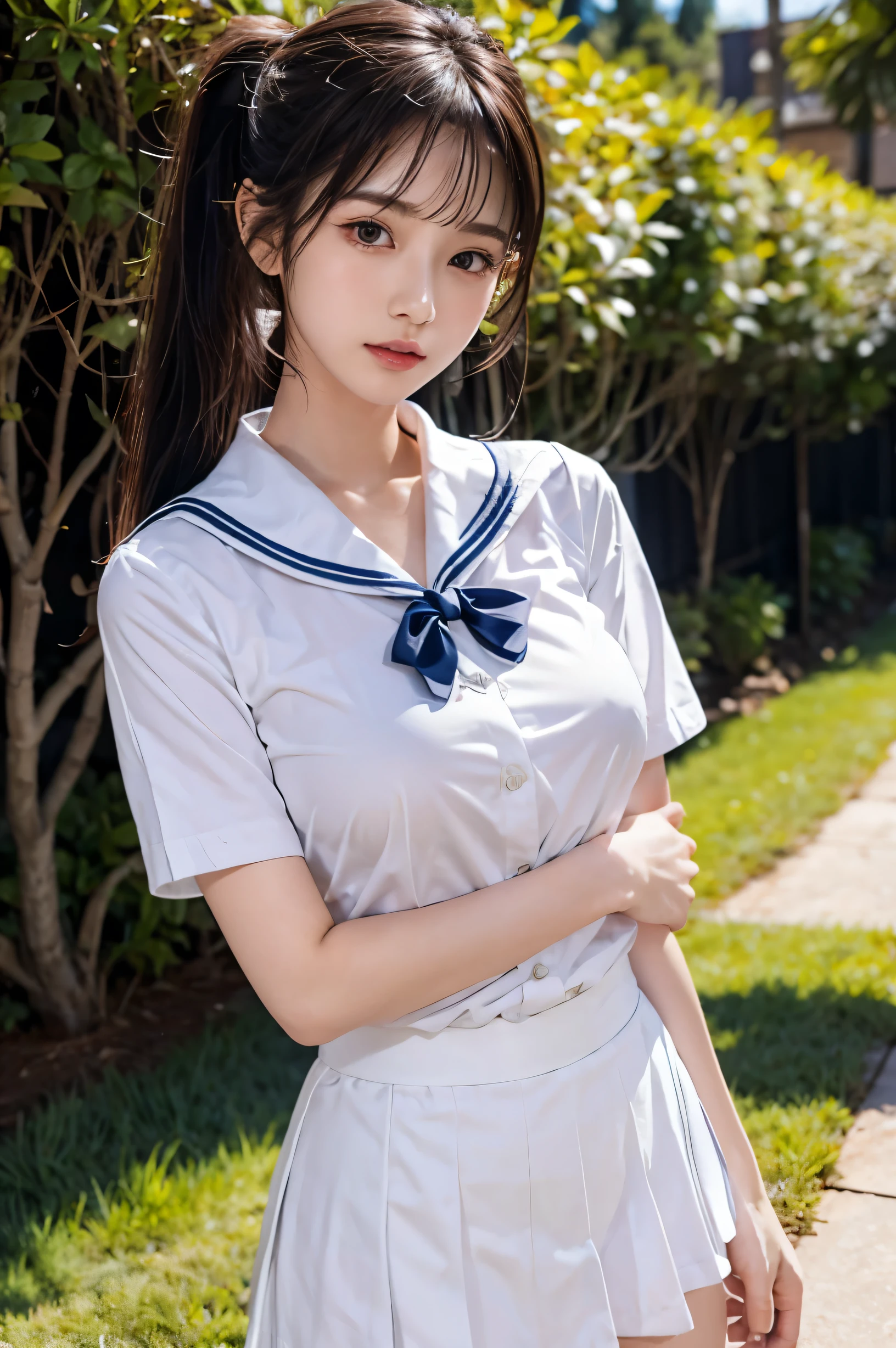 (Ultra HD), (Sailor suit:1.4, White short sleeve shirt, Navy blue mini skirt), Big Breasts, slender, whole body, Standing posture, (Clean and shiny skin, Whitening, No makeup), (Super slim face, Super beautiful face), (Light Brown Ponytail, Layered Cut, Fluffy hair), (double eyelid, Slanted Eyes), Small Nose, Thin lips, Thin legs, Schoolyard