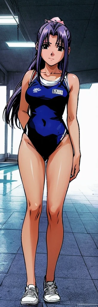 Momoko Koigakubo, a tall girl with beautiful legs, is standing by an indoor pool with her legs spread apart in a bright blue high-cut competitive swimsuit with the arena logo on it.。