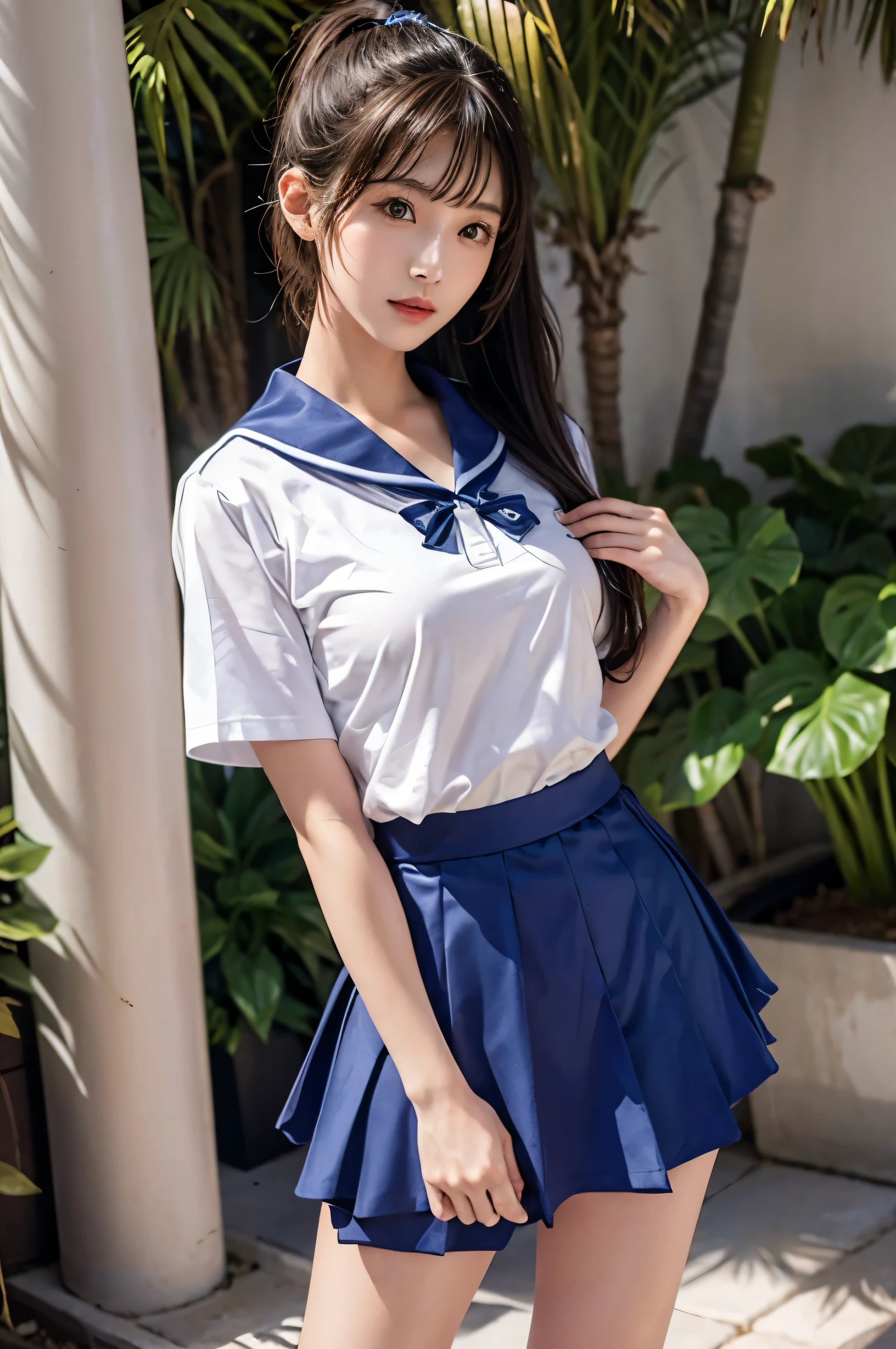 (Ultra HD), (Sailor suit:1.4, White short sleeve shirt, Navy blue mini skirt), Big Breasts, slender, whole body, Standing posture, (Clean and shiny skin, Whitening, No makeup), (Super slim face, Super beautiful face), (Light Brown Ponytail, Layered Cut, Fluffy hair), (double eyelid, Slanted Eyes), Small Nose, Thin lips, Thin legs, Schoolyard