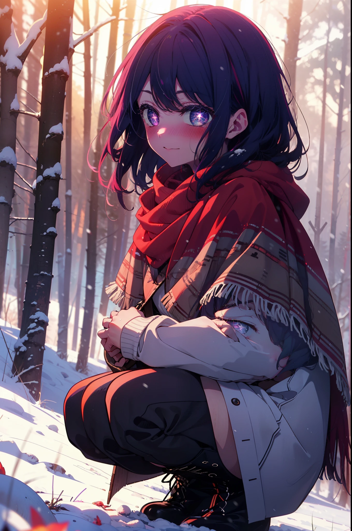 aihoshino, Ai Hoshino, Long Hair, bangs, (Purple eyes:1.1), Purple Hair, (Symbol-shaped pupil:1.5), smile,,smile,blush,white breath,
Open your mouth,snow,Ground bonfire, Outdoor, boots, snowing, From the side, wood, suitcase, Cape, Blurred, , forest, White handbag, nature,  Squat, Mouth closed, Cape, winter, Written boundary depth, Black shoes, red Cape break looking at viewer, Upper Body, whole body, break Outdoor, forest, nature, break (masterpiece:1.2), Highest quality, High resolution, unity 8k wallpaper, (shape:0.8), (Beautiful and beautiful eyes:1.6), Highly detailed face, Perfect lighting, Extremely detailed CG, (Perfect hands, Perfect Anatomy),