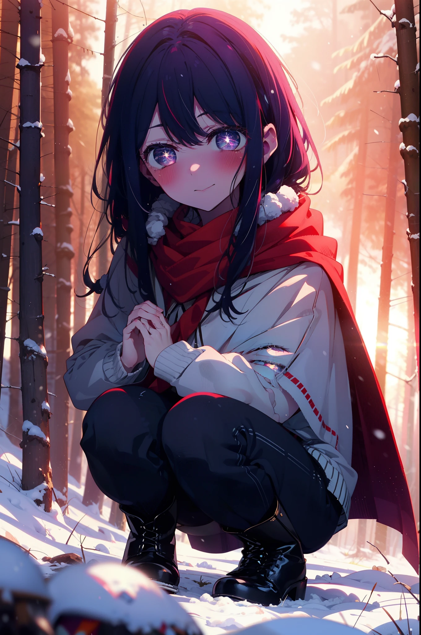 aihoshino, Ai Hoshino, Long Hair, bangs, (Purple eyes:1.1), Purple Hair, (Symbol-shaped pupil:1.5), smile,,smile,blush,white breath,
Open your mouth,snow,Ground bonfire, Outdoor, boots, snowing, From the side, wood, suitcase, Cape, Blurred, , forest, White handbag, nature,  Squat, Mouth closed, Cape, winter, Written boundary depth, Black shoes, red Cape break looking at viewer, Upper Body, whole body, break Outdoor, forest, nature, break (masterpiece:1.2), Highest quality, High resolution, unity 8k wallpaper, (shape:0.8), (Beautiful and beautiful eyes:1.6), Highly detailed face, Perfect lighting, Extremely detailed CG, (Perfect hands, Perfect Anatomy),