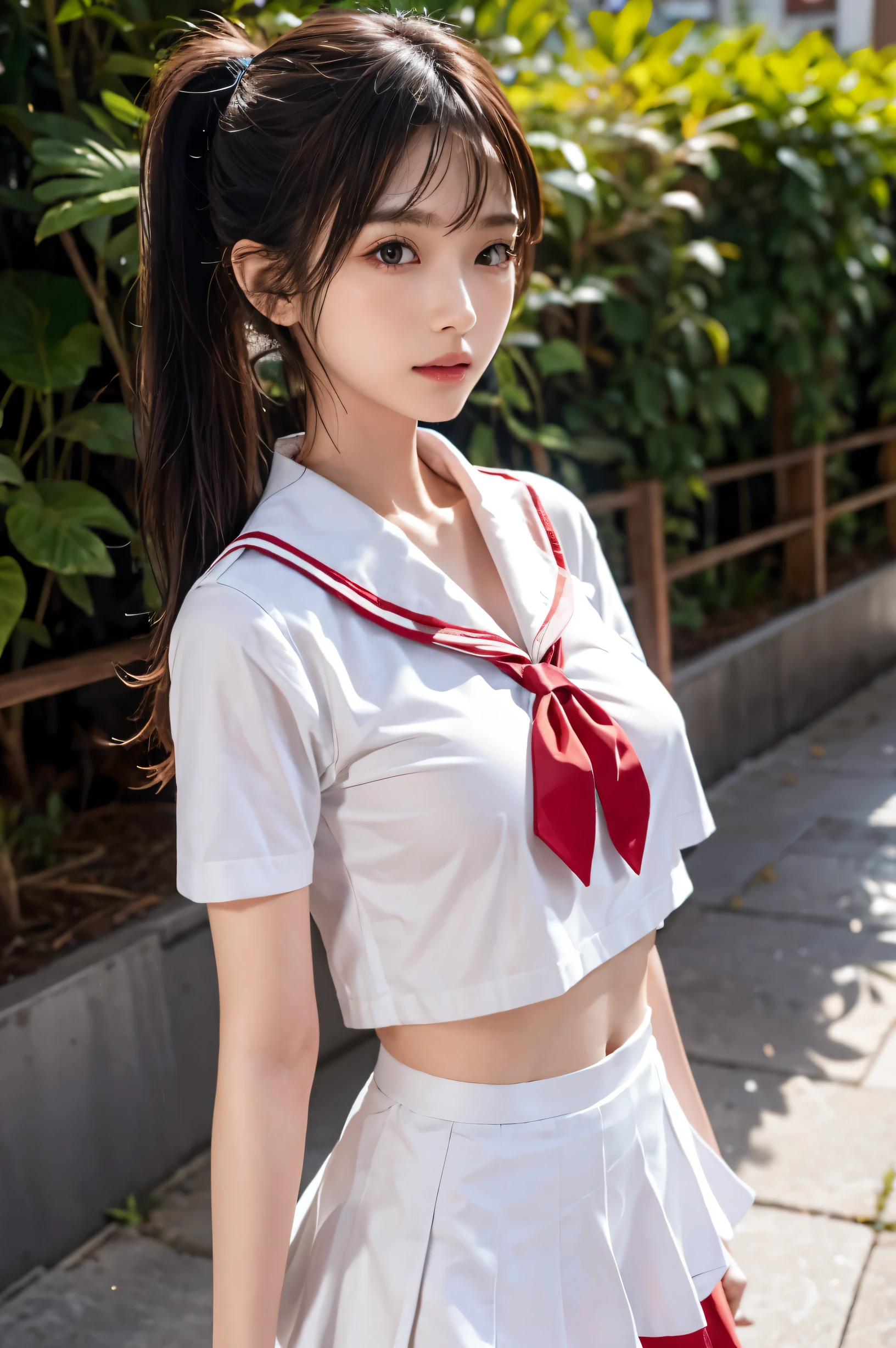 (Ultra HD), (Sailor suit:1.4, White short sleeve shirt, Red mini skirt), Big Breasts, slender, whole body, Standing posture, (Clean and shiny skin, Whitening, No makeup), (Super slim face, Super beautiful face), (Light Brown Ponytail, Layered Cut, Fluffy hair), (double eyelid, Slanted Eyes), Small Nose, Thin lips, Thin legs, school gate