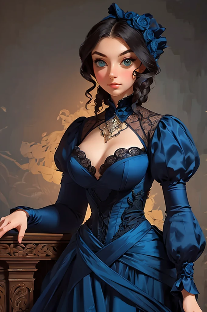 a painting of a woman in a blue dress standing on a ledge, a fine art painting by Louise Catherine Breslau, trending on cgsociety, fantasy art, victorian blue dress, intricate victorian dress, in victorian aristocrat, a beautiful victorian woman, fantasy victorian art, dressed beautiful gown, beautiful detailed elegant, victorian dress, beautiful detail and color