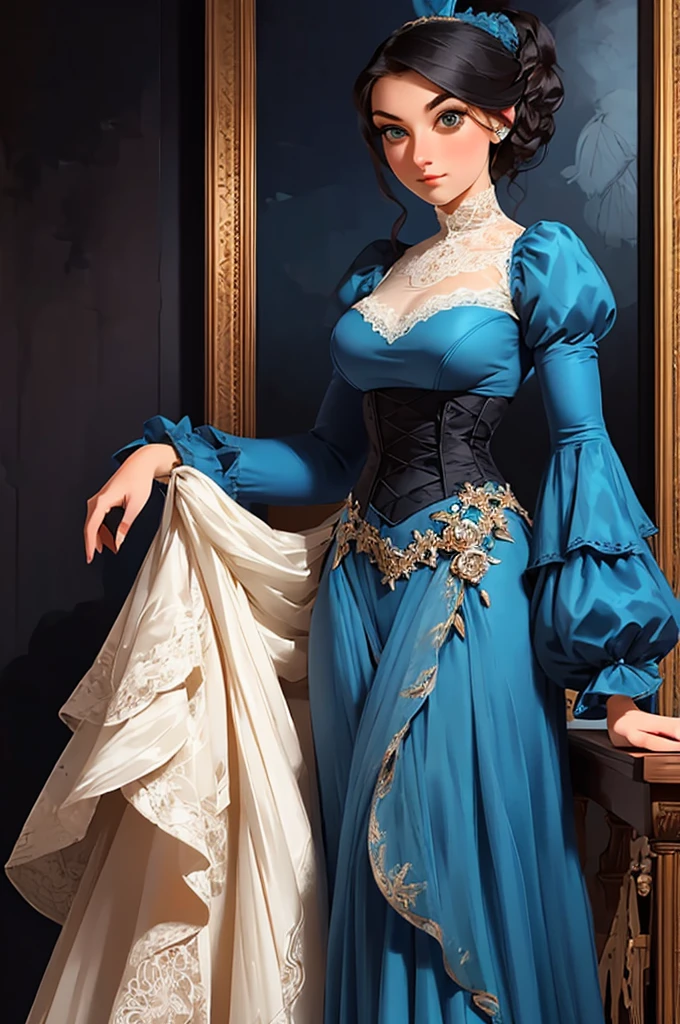 a painting of a woman in a blue dress standing on a ledge, a fine art painting by Louise Catherine Breslau, trending on cgsociety, fantasy art, victorian blue dress, intricate victorian dress, in victorian aristocrat, a beautiful victorian woman, fantasy victorian art, dressed beautiful gown, beautiful detailed elegant, victorian dress, beautiful detail and color