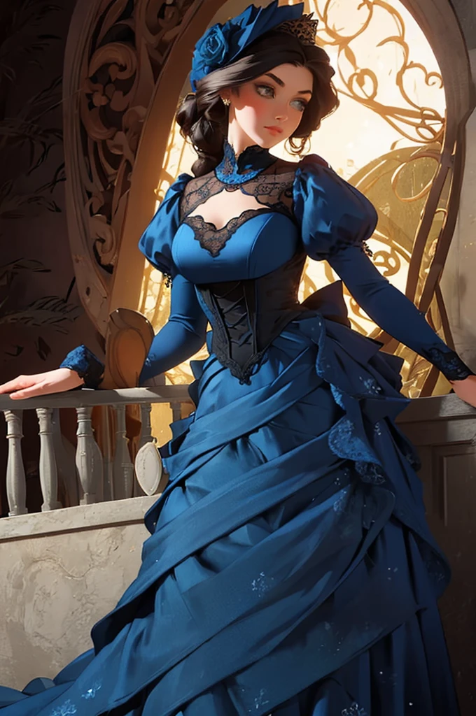 a painting of a woman in a blue dress standing on a ledge, a fine art painting by Louise Catherine Breslau, trending on cgsociety, fantasy art, victorian blue dress, intricate victorian dress, in victorian aristocrat, a beautiful victorian woman, fantasy victorian art, dressed beautiful gown, beautiful detailed elegant, victorian dress, beautiful detail and color
