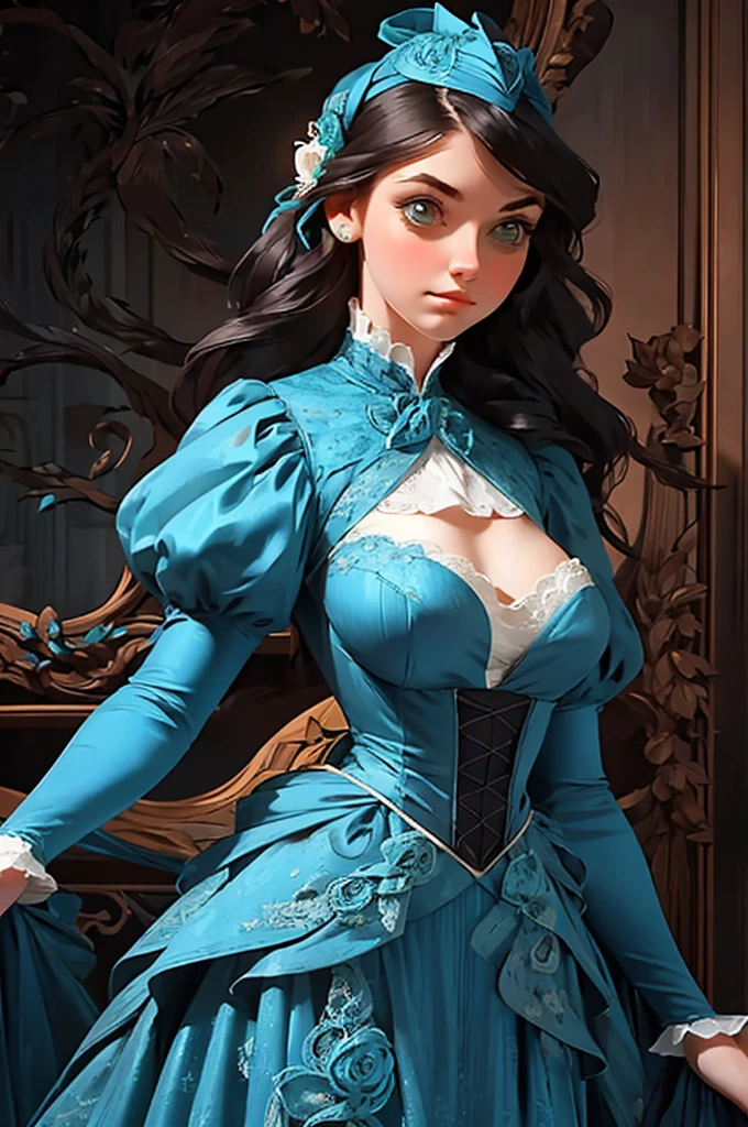 a painting of a woman in a blue dress standing on a ledge, a fine art painting by Louise Catherine Breslau, trending on cgsociety, fantasy art, victorian blue dress, intricate victorian dress, in victorian aristocrat, a beautiful victorian woman, fantasy victorian art, dressed beautiful gown, beautiful detailed elegant, victorian dress, beautiful detail and color