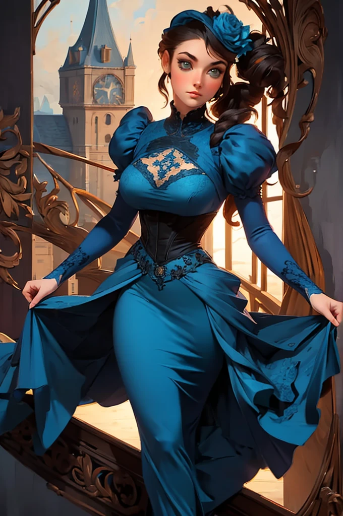 a painting of a woman in a blue dress standing on a ledge, a fine art painting by Louise Catherine Breslau, trending on cgsociety, fantasy art, victorian blue dress, intricate victorian dress, in victorian aristocrat, a beautiful victorian woman, fantasy victorian art, dressed beautiful gown, beautiful detailed elegant, victorian dress, beautiful detail and color