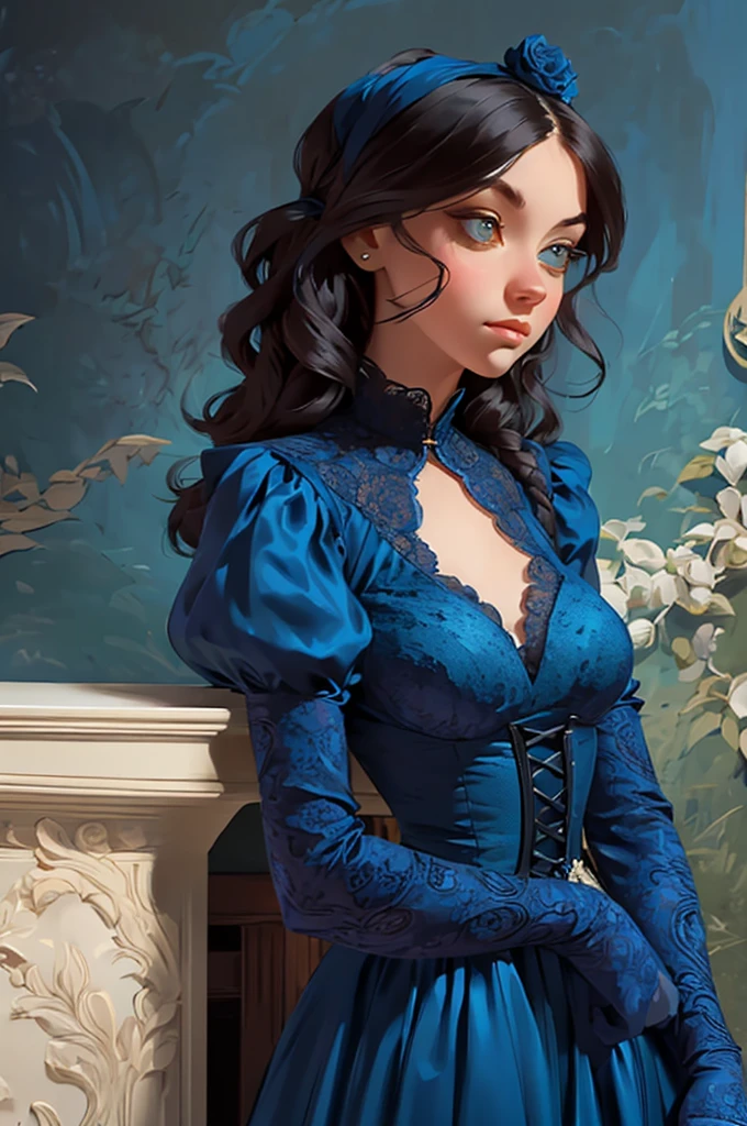 a painting of a woman in a blue dress standing on a ledge, a fine art painting by Louise Catherine Breslau, trending on cgsociety, fantasy art, victorian blue dress, intricate victorian dress, in victorian aristocrat, a beautiful victorian woman, fantasy victorian art, dressed beautiful gown, beautiful detailed elegant, victorian dress, beautiful detail and color