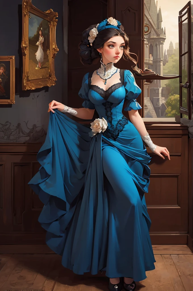 a painting of a woman in a blue dress standing on a ledge, a fine art painting by Louise Catherine Breslau, trending on cgsociety, fantasy art, victorian blue dress, intricate victorian dress, in victorian aristocrat, a beautiful victorian woman, fantasy victorian art, dressed beautiful gown, beautiful detailed elegant, victorian dress, beautiful detail and color