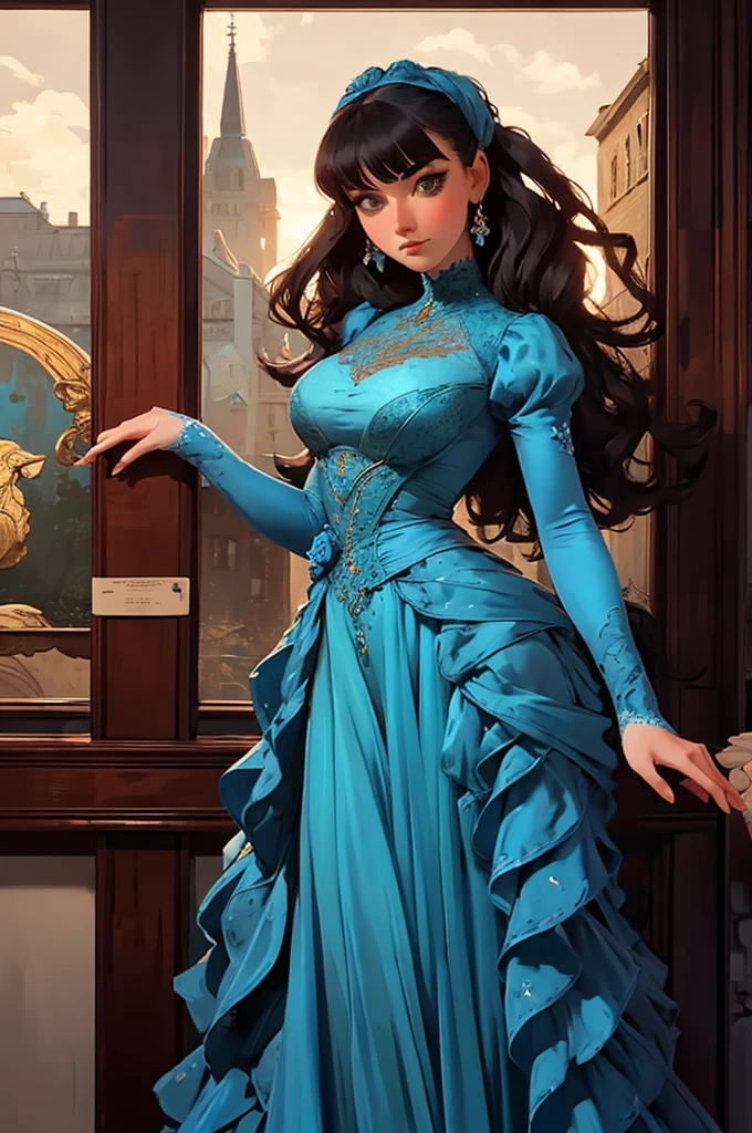a painting of a woman in a blue dress standing on a ledge, a fine art painting by Louise Catherine Breslau, trending on cgsociety, fantasy art, victorian blue dress, intricate victorian dress, in victorian aristocrat, a beautiful victorian woman, fantasy victorian art, dressed beautiful gown, beautiful detailed elegant, victorian dress, beautiful detail and color