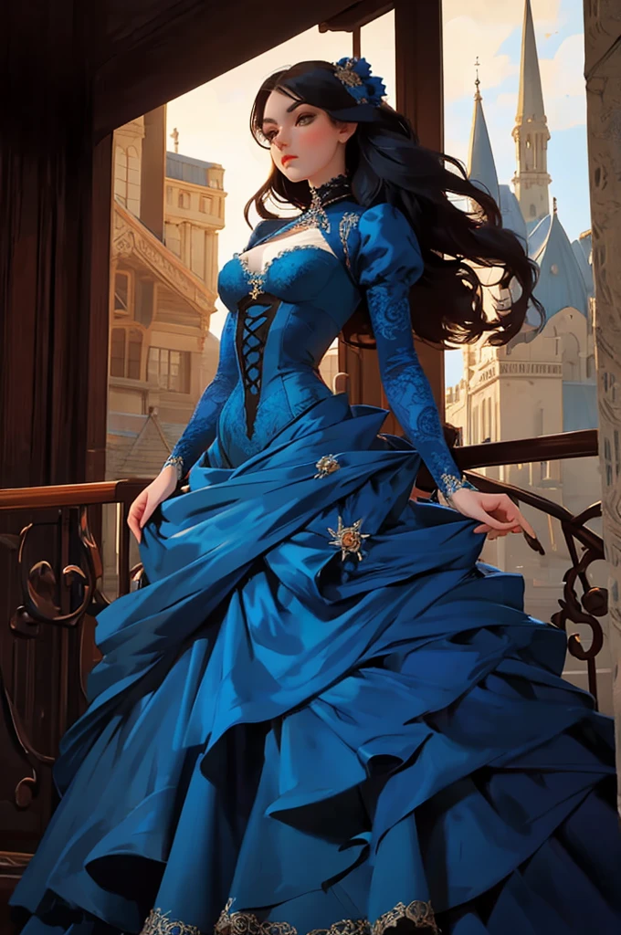a painting of a woman in a blue dress standing on a ledge, a fine art painting by Louise Catherine Breslau, trending on cgsociety, fantasy art, victorian blue dress, intricate victorian dress, in victorian aristocrat, a beautiful victorian woman, fantasy victorian art, dressed beautiful gown, beautiful detailed elegant, victorian dress, beautiful detail and color