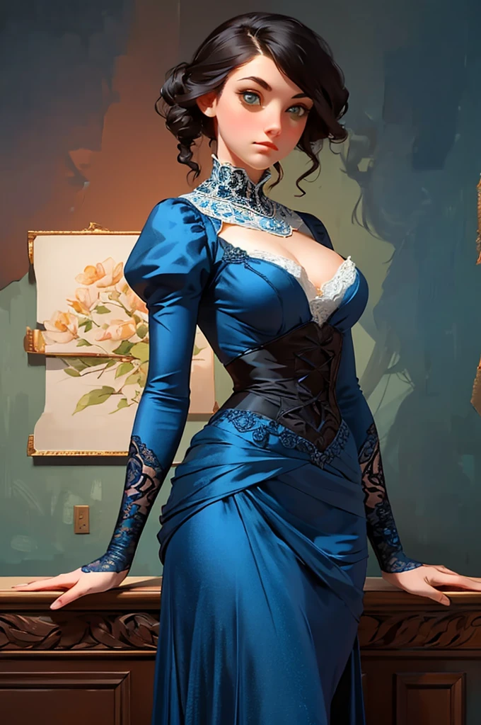 a painting of a woman in a blue dress standing on a ledge, a fine art painting by Louise Catherine Breslau, trending on cgsociety, fantasy art, victorian blue dress, intricate victorian dress, in victorian aristocrat, a beautiful victorian woman, fantasy victorian art, dressed beautiful gown, beautiful detailed elegant, victorian dress, beautiful detail and color
