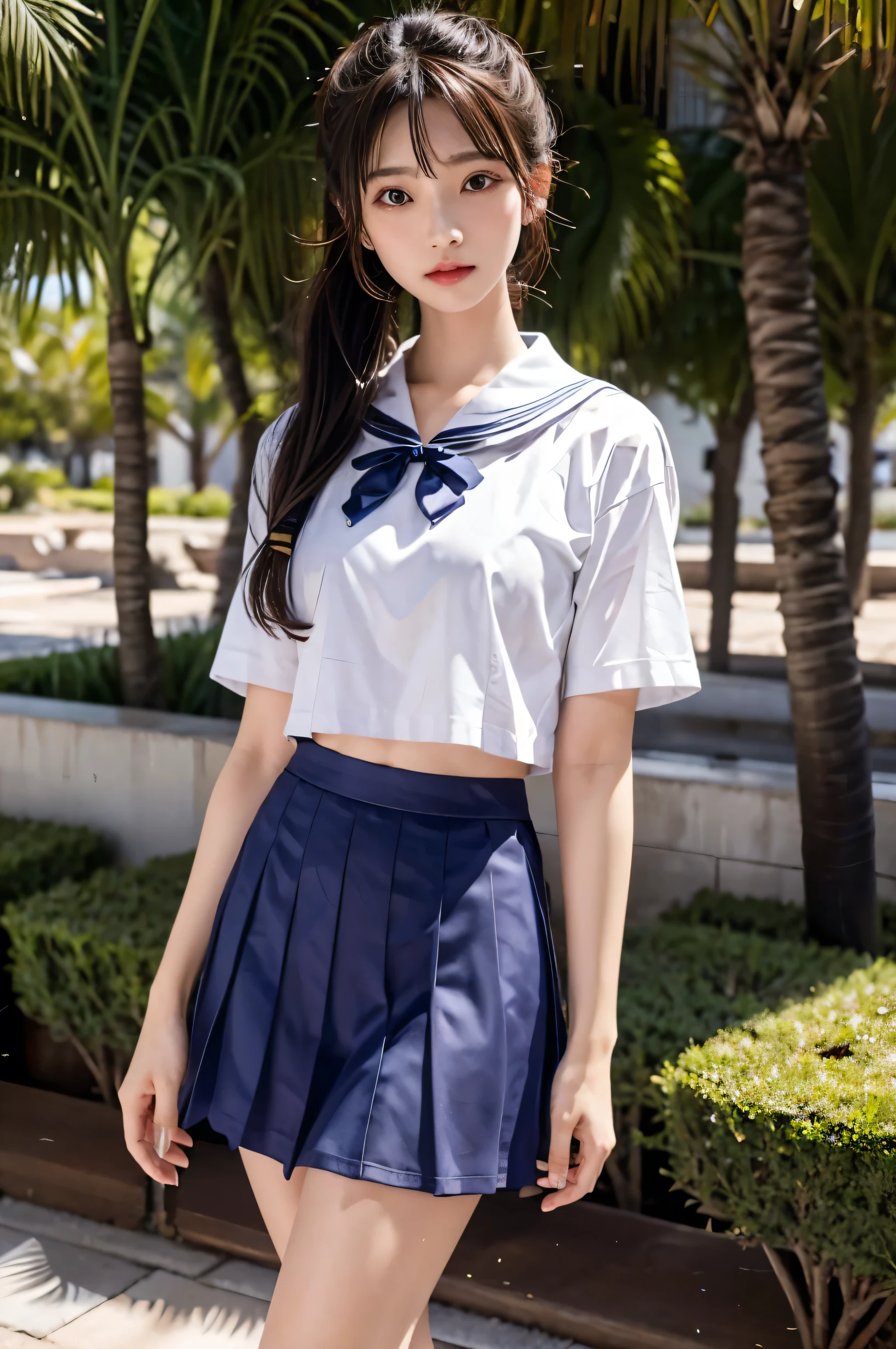 (Ultra HD), (Sailor suit:1.4, White short sleeve shirt, Navy blue mini skirt), Big Breasts, slender, whole body, Standing posture, (Clean and shiny skin, Whitening, No makeup), (Super slim face, Super beautiful face), (Light Brown Ponytail, Layered Cut, Fluffy hair), (double eyelid, Slanted Eyes), Small Nose, Thin lips, Thin legs, Schoolyard