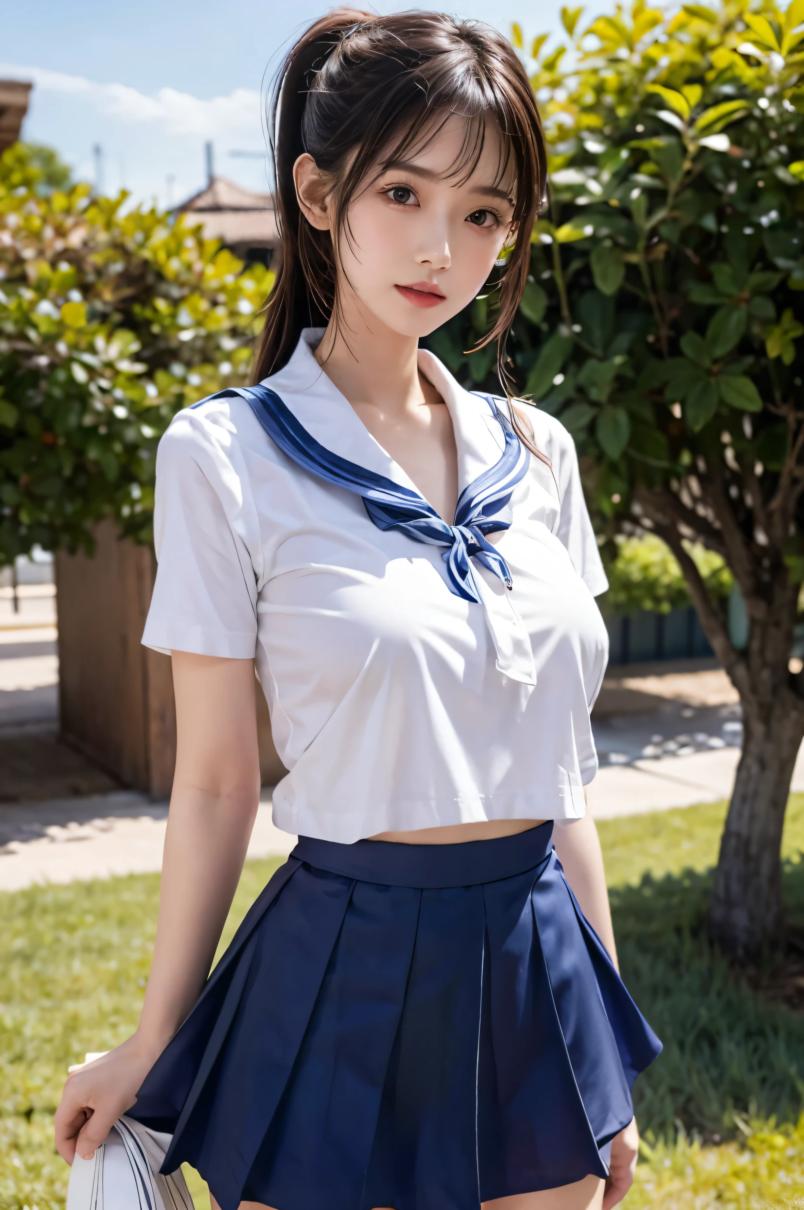 (Ultra HD), (Sailor suit:1.4, White short sleeve shirt, Navy blue mini skirt), Big Breasts, slender, whole body, Standing posture, (Clean and shiny skin, Whitening, No makeup), (Super slim face, Super beautiful face), (Light Brown Ponytail, Layered Cut, Fluffy hair), (double eyelid, Slanted Eyes), Small Nose, Thin lips, Thin legs, Schoolyard
