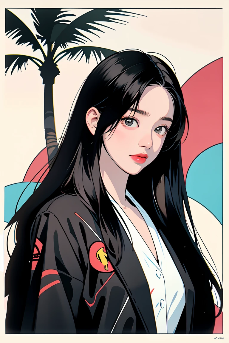 retro girl, Miami, sunset, Ferrari, palm tree, 90's, (flat colors, flat texture, lineart:1.2), graphical design, (heavy ink, ink blacks), 