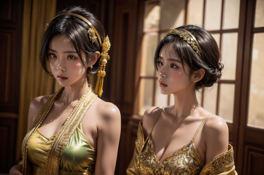 RAW, 35mm, Masterpiece, Ultra Realistic, 2 cinematic silhouettes of an Indonesian girl with short hair and a girl wearing a gold mini headband who is sweating while posing facing the camera wearing authentic, sexy revealing Indonesian traditional clothing, the top is slightly open and there is a brown and black shawl and the other is colorful, the place is in palace and there are many behind it students and aesthetic abtu stones. highly detailed