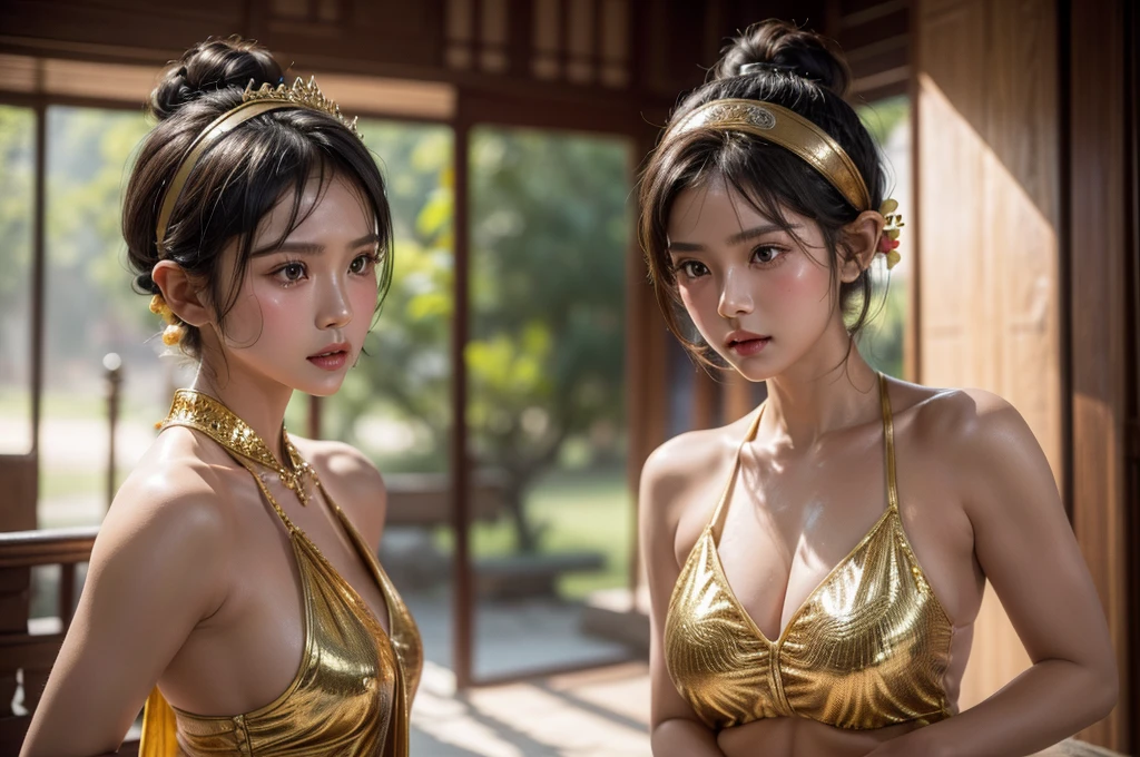RAW, 35mm, Masterpiece, Ultra Realistic, 2 cinematic silhouettes of an Indonesian girl with short hair and a girl wearing a gold mini headband who is sweating while posing facing the camera wearing authentic, sexy revealing Indonesian traditional clothing, the top is slightly open and there is a brown and black shawl and the other is colorful, the place is in palace and there are many behind it students and aesthetic abtu stones. highly detailed