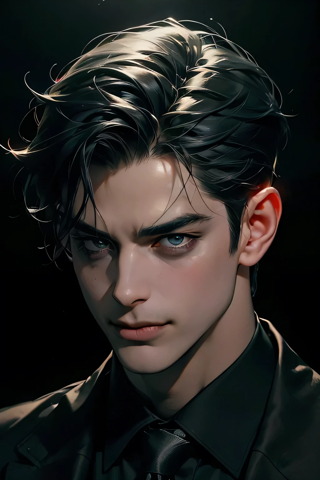 A creepy man, smiling, staring directly at the viewer, detailed face, piercing eyes, sinister expression, dark and moody lighting, horror atmosphere, gloomy background, dramatic shadows, muted color palette, unsettling mood, photorealistic, highly detailed, cinematic lighting, smliing, hand over his chin, laughing like a psycopath. fixing his tie
