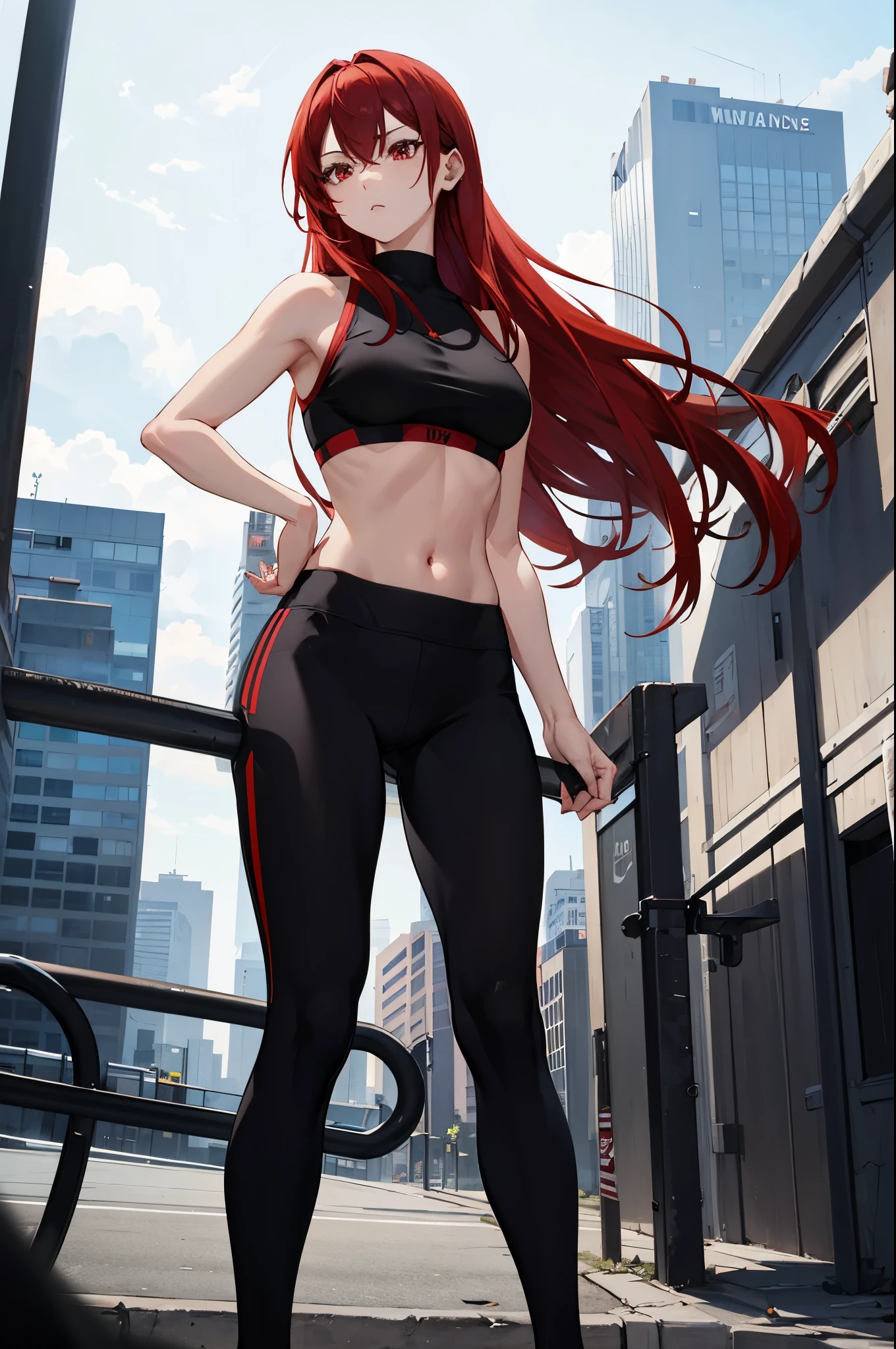 1woman, red hair, red eyes, tall, black yoga pants, black sports bra, standing on ground, high res, ultra sharp, 8K, masterpiece