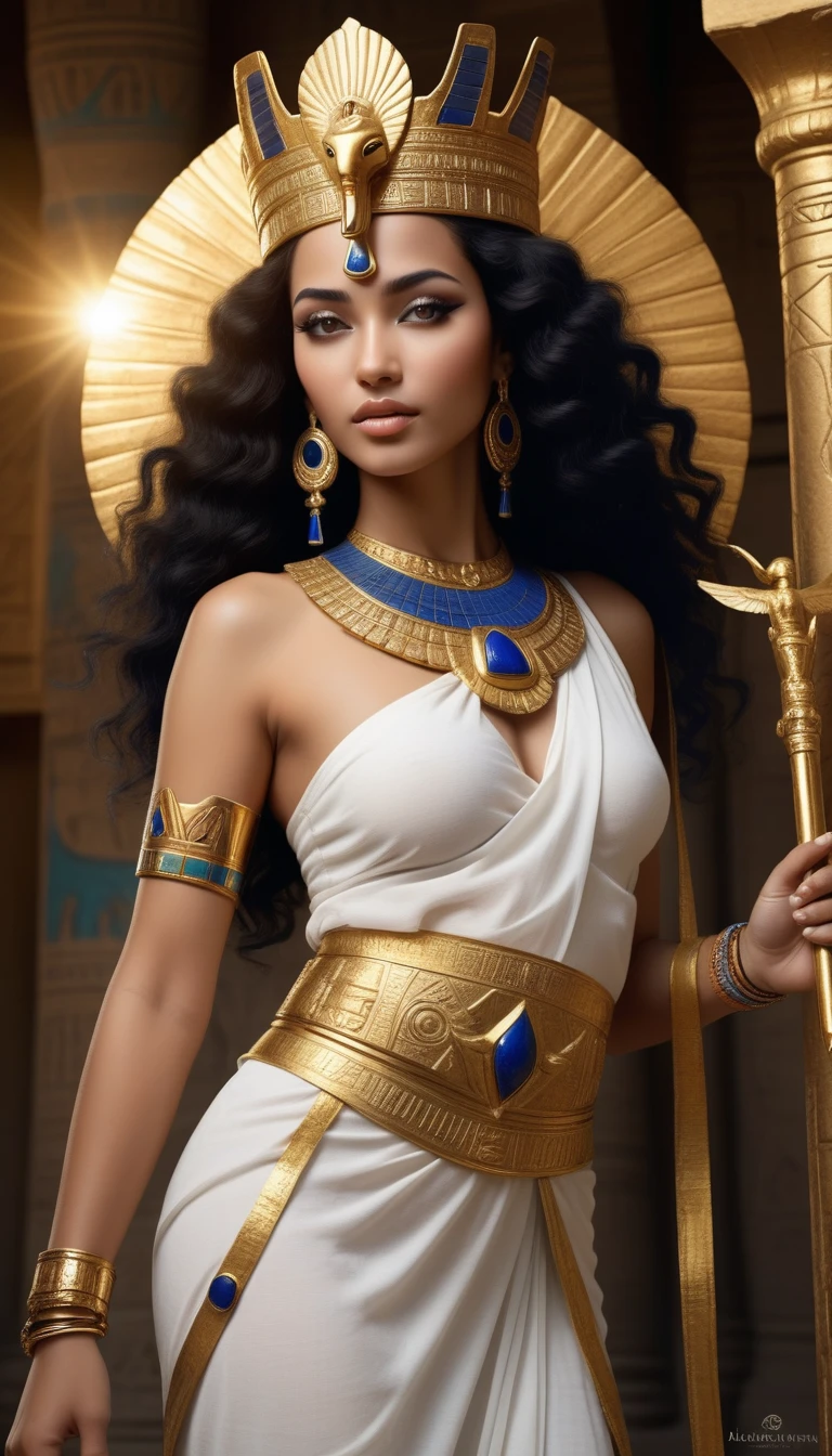 Khaosara a majestic and powerful woman, with a beauty that radiated a divine light. His skin was a golden tone., like the sun of the egyptian desert, and her hair was a cascade of black curls that fell like night over her shoulders. His eyes were like two shining stars, that reflected the wisdom and power of the gods. His nose was thin and straight, and her lips were like a lotus flower, soft and giant seductive breasts.
Khaosara wore a crown of gold and lapis lazuli, decorated with symbols of the Egyptian gods, that represented his connection with the divine pantheon. His clothing was a white linen tunic, cinched at her waist with a gold belt, and adorned with hieroglyphics that told the story of his divine lineage.
in his right hand, Khaosara carried a golden scepter, with the head of an eagle, which symbolized her power and authority as goddess empress. In his left hand, wore an ankh, the symbol of eternal life, which represented his connection with the cycle of life and death.
In this incarnation, Khaosara was known as the goddess "Kha'Zix", the Lady of Chaos and the Queen of the Nile. She was worshiped by the Egyptians as a powerful and benevolent goddess., who brought fertility and prosperity to the Nile Valley. pony_negativeV2