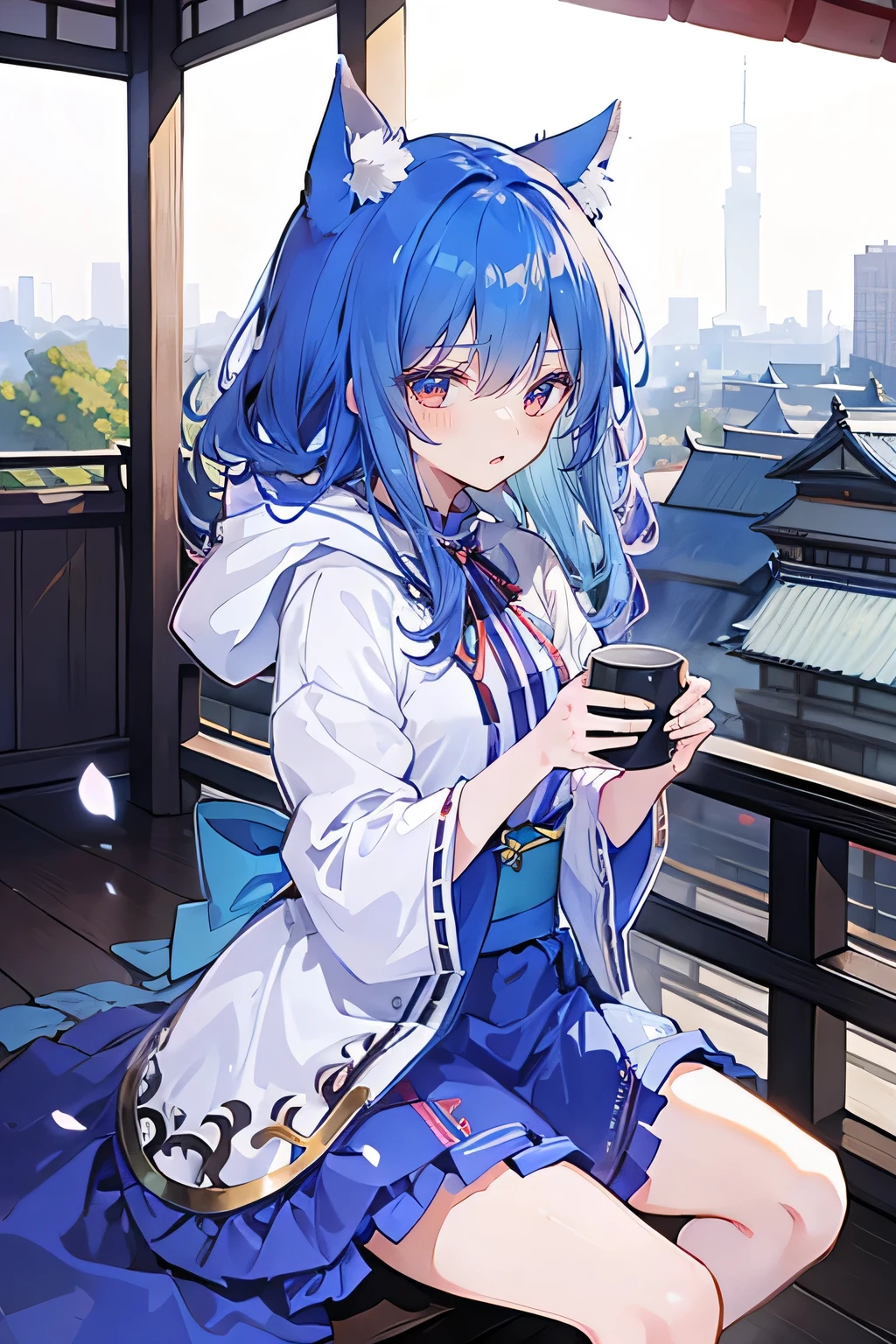 （maSterpiece：1.2），Super detailed，lifelike，ExpreSSive eyeS，fair Skin，perfect face Shape，1 girl，
JapaneSe comicS,GorgeouS blue hair,flowing blue hair,flowing clotheS,Cat earS,PetalS fall,beautiful lola,Baby Angel，The pavilion iS cool and comfortable,Smile, wearing hoodie, background of tokyo,back viewS,Snowing,Sitting on window Sill drinking coffee and looking out.