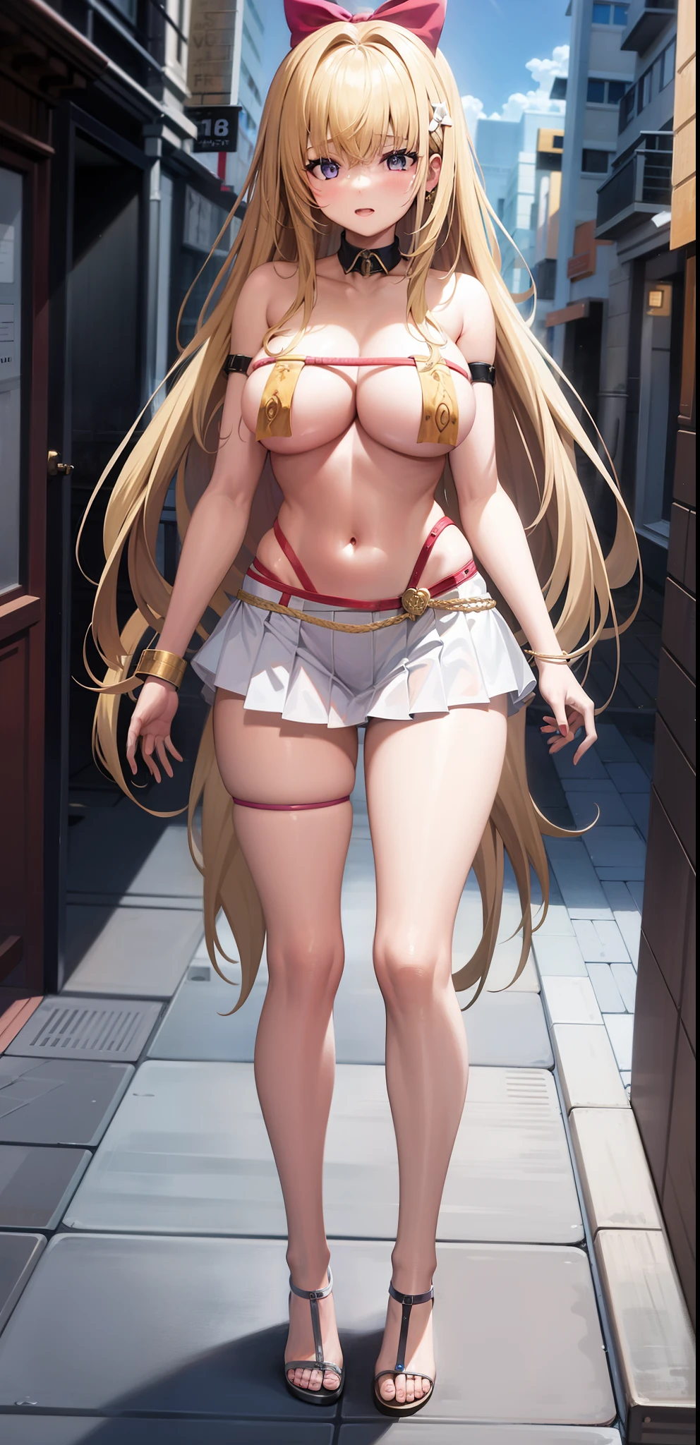 girl,Large Breasts,long hair,Topless,Bow,Blonde Hair, Purple Eyes, Cleavage,Large Breasts,whole body,NUDE