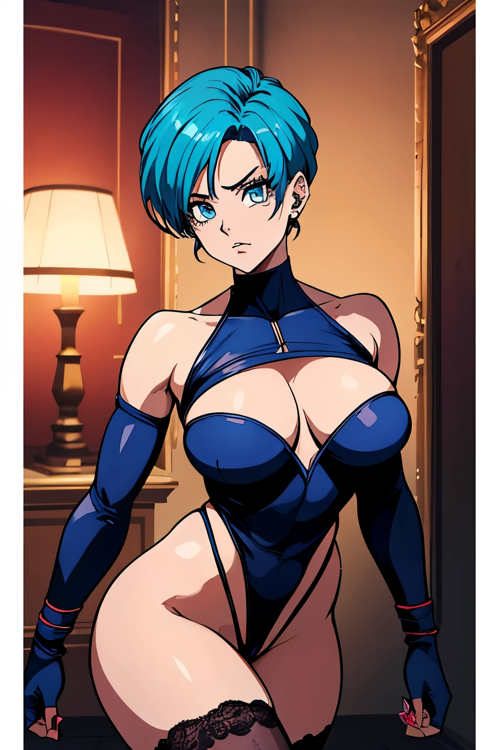 Kujo_Jolyne, depicting a mature and assertive female character, is the focus of this explicit image. She is posed in a suggestive manner, showcasing her curvaceous figure and prominent assets. The image is rendered in 8K Ultra-HD resolution, capturing every detail with breathtaking clarity. The lighting is dramatic, with a spotlight illuminating her figure and casting dramatic shadows. Her hair, a striking red, is styled in a messy yet elegant fashion, framing her face perfectly. Her features are sharp and angular, with expressive eyes that seem to convey a mix of emotions. The image has a surreal quality to it, with vivid colors and a background