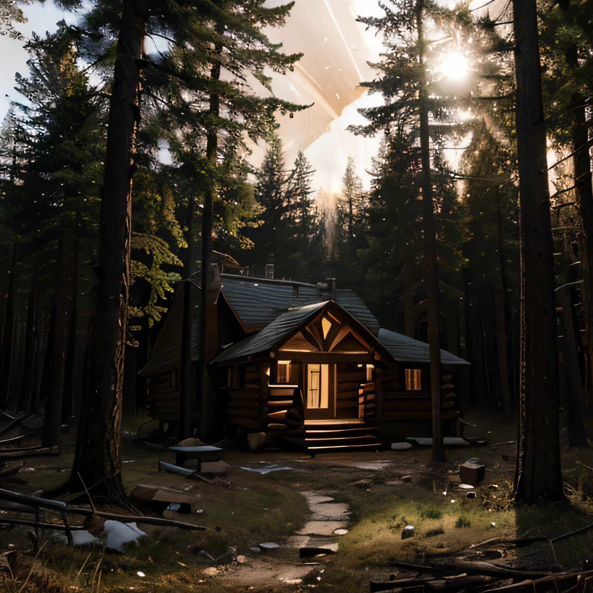 The cabin fell apart, and the clearing was filled with light, signaling the end of darkness