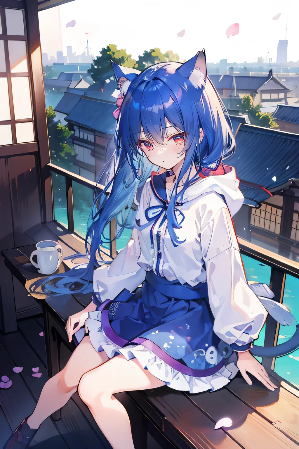 （maSterpiece：1.2），Super detailed，lifelike，ExpreSSive eyeS，fair Skin，perfect face Shape，1 girl，
JapaneSe comicS,GorgeouS blue hair,flowing blue hair,flowing clotheS,Cat earS,PetalS fall,beautiful lola,Baby Angel，The pavilion iS cool and comfortable,Smile, wearing hoodie, background of tokyo,back viewS,Snowing,Sitting on window Sill drinking coffee and looking out.