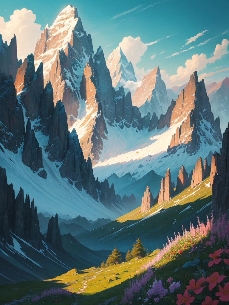 a painting of a mountain with flowers in the foreground, 🌺 cgsociety, stunning nature in background, a beautiful landscape, beatiful mountain background, beautiful landscape, beautiful nature, beautiful detailed scene, incredibly beautiful, beautiful mountains behind, beautiful mountains, beautiful scenery, amazing landscape, the most beautiful landscape, amazing landscape in background, mythical floral hills, nature and floral aesthetics