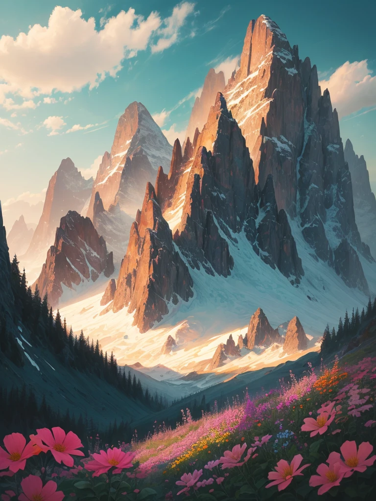 a painting of a mountain with flowers in the foreground, 🌺 cgsociety, stunning nature in background, a beautiful landscape, beatiful mountain background, beautiful landscape, beautiful nature, beautiful detailed scene, incredibly beautiful, beautiful mountains behind, beautiful mountains, beautiful scenery, amazing landscape, the most beautiful landscape, amazing landscape in background, mythical floral hills, nature and floral aesthetics