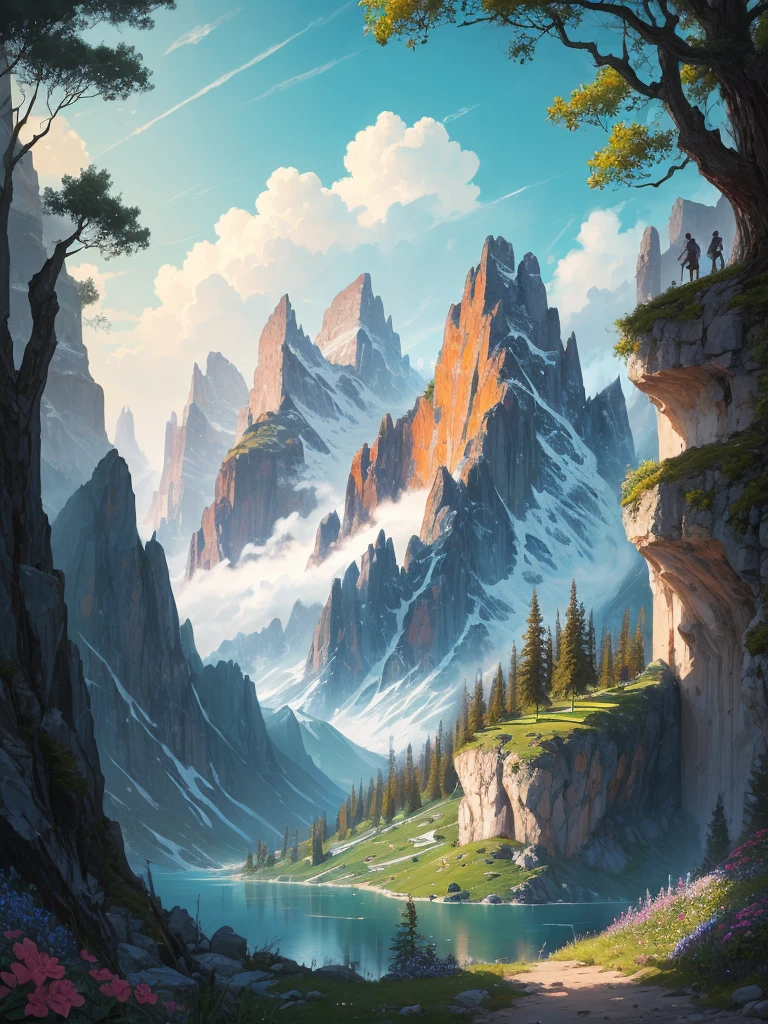 a painting of a mountain with flowers in the foreground, 🌺 cgsociety, stunning nature in background, a beautiful landscape, beatiful mountain background, beautiful landscape, beautiful nature, beautiful detailed scene, incredibly beautiful, beautiful mountains behind, beautiful mountains, beautiful scenery, amazing landscape, the most beautiful landscape, amazing landscape in background, mythical floral hills, nature and floral aesthetics