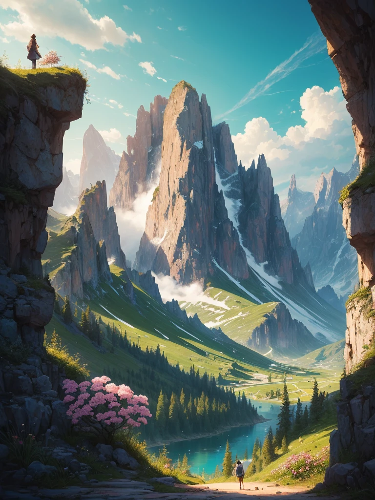 a painting of a mountain with flowers in the foreground, 🌺 cgsociety, stunning nature in background, a beautiful landscape, beatiful mountain background, beautiful landscape, beautiful nature, beautiful detailed scene, incredibly beautiful, beautiful mountains behind, beautiful mountains, beautiful scenery, amazing landscape, the most beautiful landscape, amazing landscape in background, mythical floral hills, nature and floral aesthetics