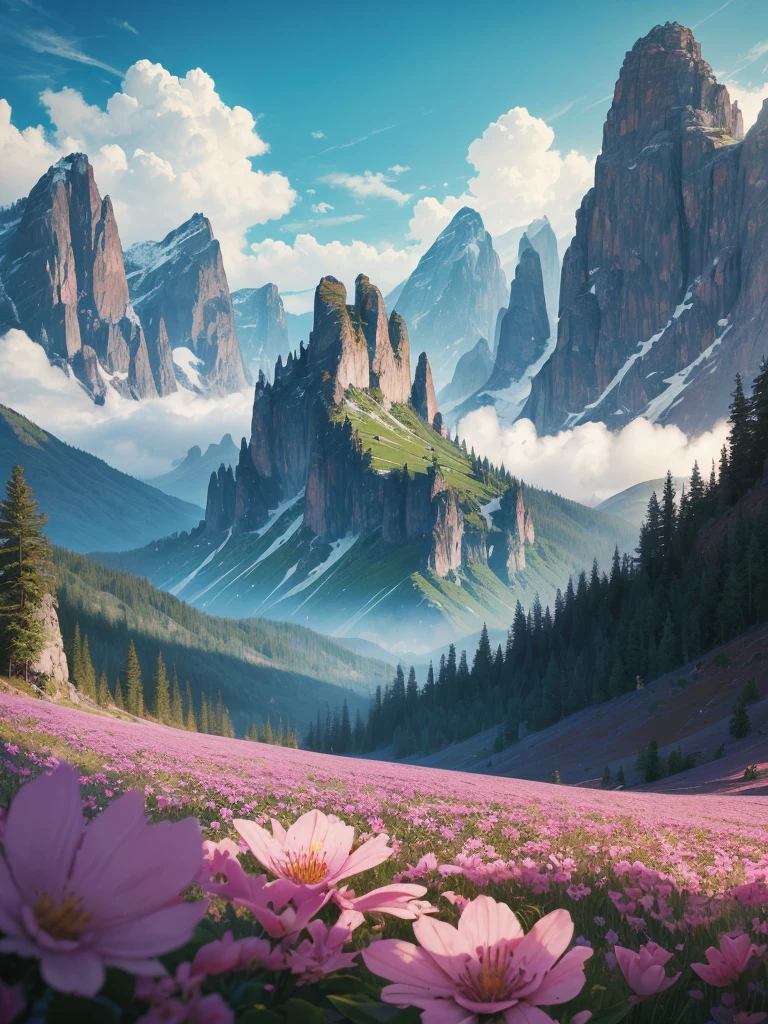 a painting of a mountain with flowers in the foreground, 🌺 cgsociety, stunning nature in background, a beautiful landscape, beatiful mountain background, beautiful landscape, beautiful nature, beautiful detailed scene, incredibly beautiful, beautiful mountains behind, beautiful mountains, beautiful scenery, amazing landscape, the most beautiful landscape, amazing landscape in background, mythical floral hills, nature and floral aesthetics