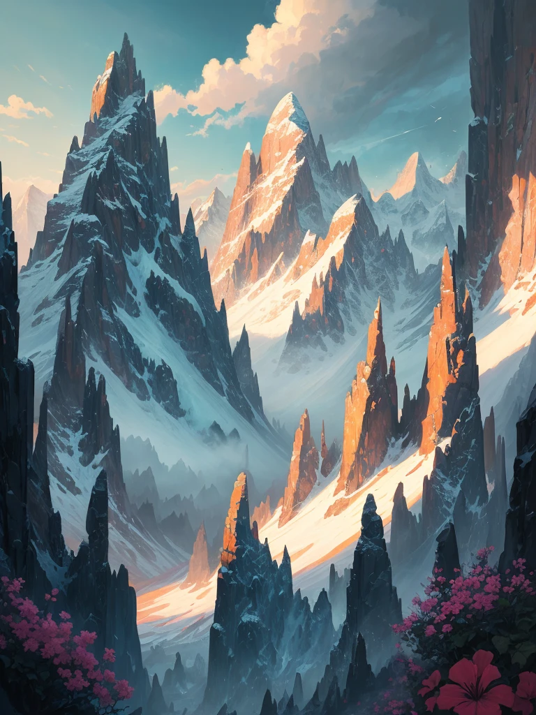 a painting of a mountain with flowers in the foreground, 🌺 cgsociety, stunning nature in background, a beautiful landscape, beatiful mountain background, beautiful landscape, beautiful nature, beautiful detailed scene, incredibly beautiful, beautiful mountains behind, beautiful mountains, beautiful scenery, amazing landscape, the most beautiful landscape, amazing landscape in background, mythical floral hills, nature and floral aesthetics