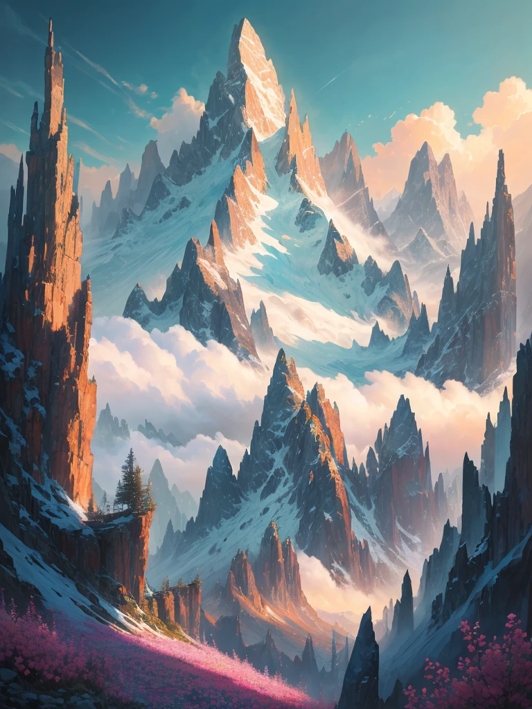 a painting of a mountain with flowers in the foreground, 🌺 cgsociety, stunning nature in background, a beautiful landscape, beatiful mountain background, beautiful landscape, beautiful nature, beautiful detailed scene, incredibly beautiful, beautiful mountains behind, beautiful mountains, beautiful scenery, amazing landscape, the most beautiful landscape, amazing landscape in background, mythical floral hills, nature and floral aesthetics