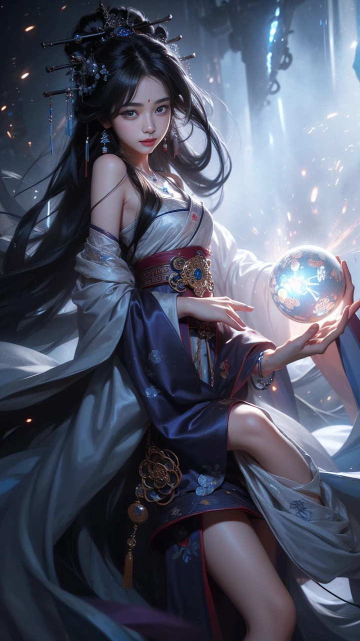 elaborate Hanfu, ((whole body)), ((from below)), ((gufeng,bare shoulders)), clear face, pretty face, 8k, masterpiece, original photo, best quality, detail:1.2,lifelike, detail, Very detailed, CG, Unite, wallpaper, depth of field, movie light, lens flare, Ray tracing, (extremely beautiful face, beautiful lips, beautiful eyes), Complex, detail face, ((ultra detailed skin)), 1 girl, in the darkness, deep shadow, beautiful korean girl, kpop idol,(Very slim figure:1.3), plump breasts, Slender sexy legs, elegant posture, (bright smile), (City night, (neon lights), (night), beautiful korean girl, white diamond earrings, diameter bracelet, Dia Necklace, clear eyes, facing forward, (big eyes)